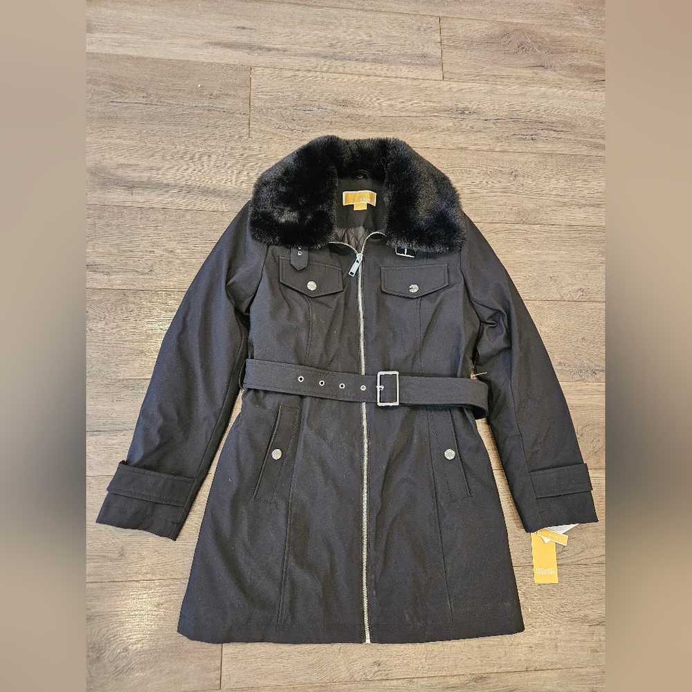 MICHAEL Michael Kors Black Winter Coat with Faux Fur Collar - Size XS NWT